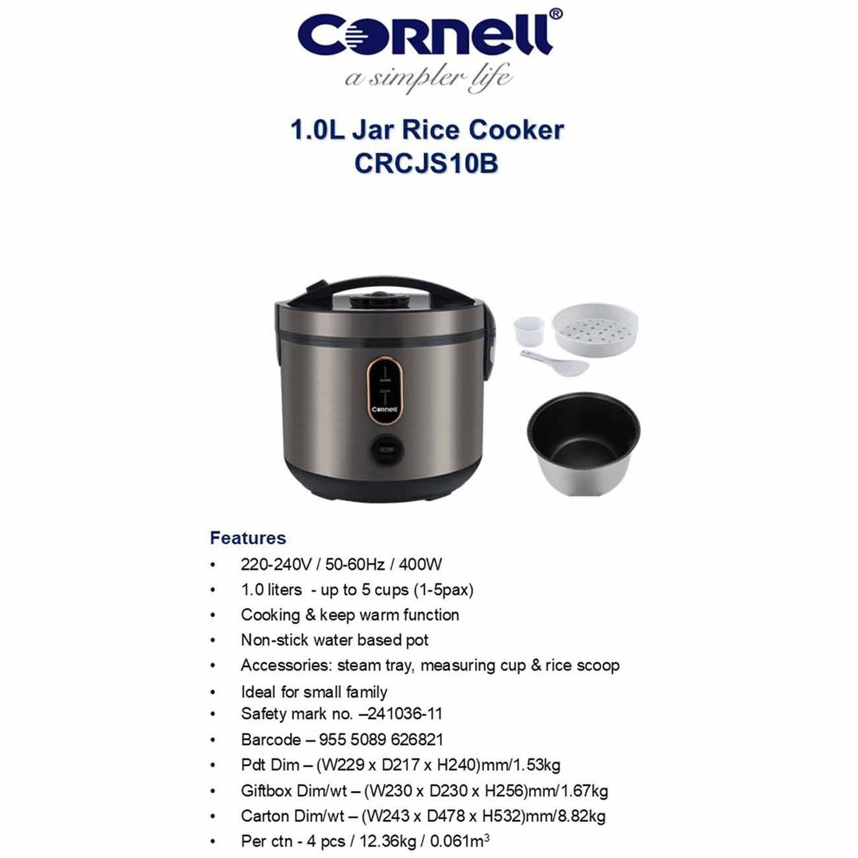 Cornell CRCJS10B Jar Rice Cooker 1L