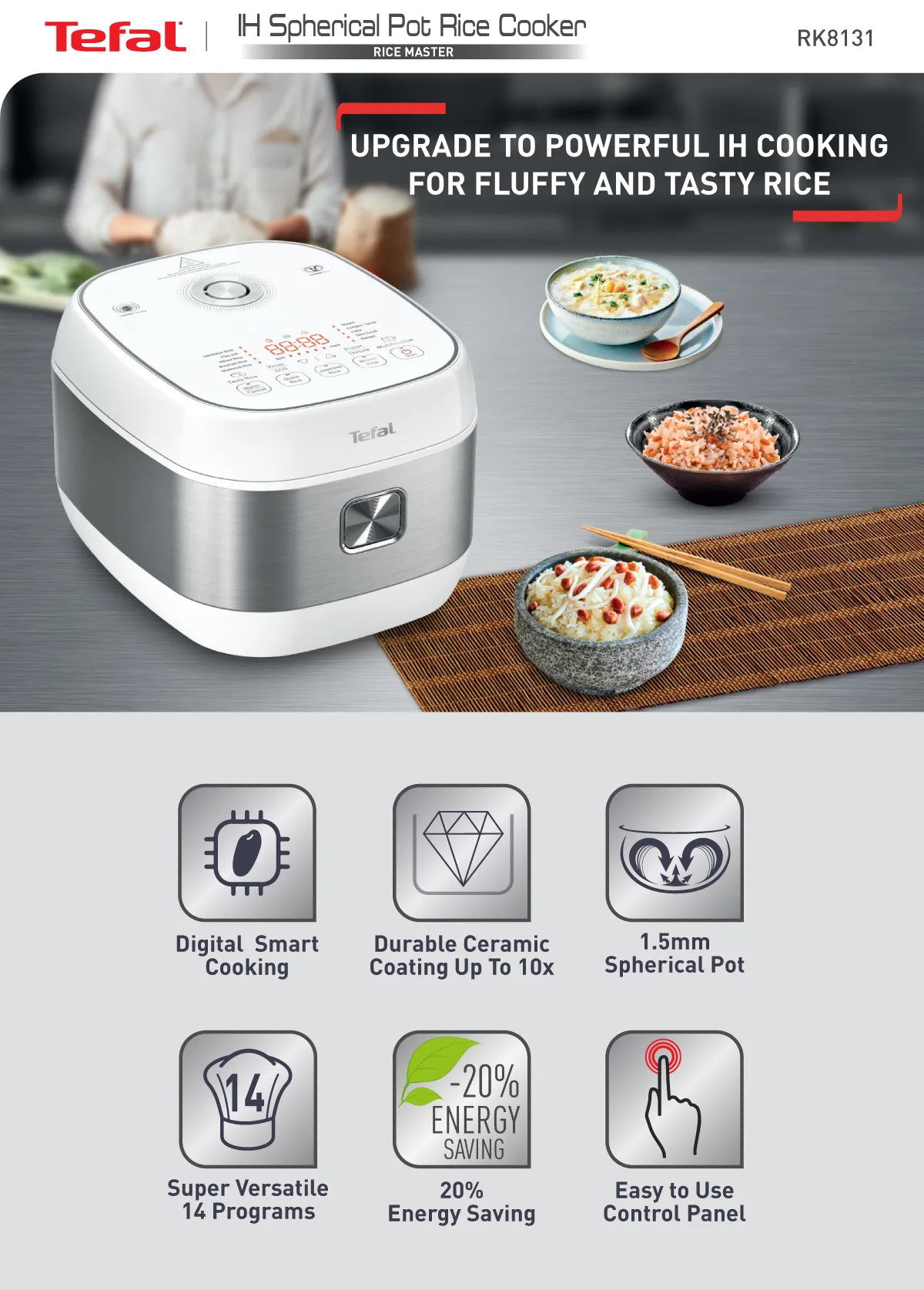 Tefal RK8131 Rice Master Induction Fuzzy Logic Rice Cooker – 14 Programs, 8 Cups, 1.5mm Ceramic Spherical Pot 1.5L