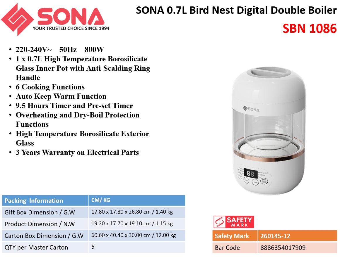 Sona SBN 1086 | SBN1086 Bird Nest Digital Double Boiler 0.7L