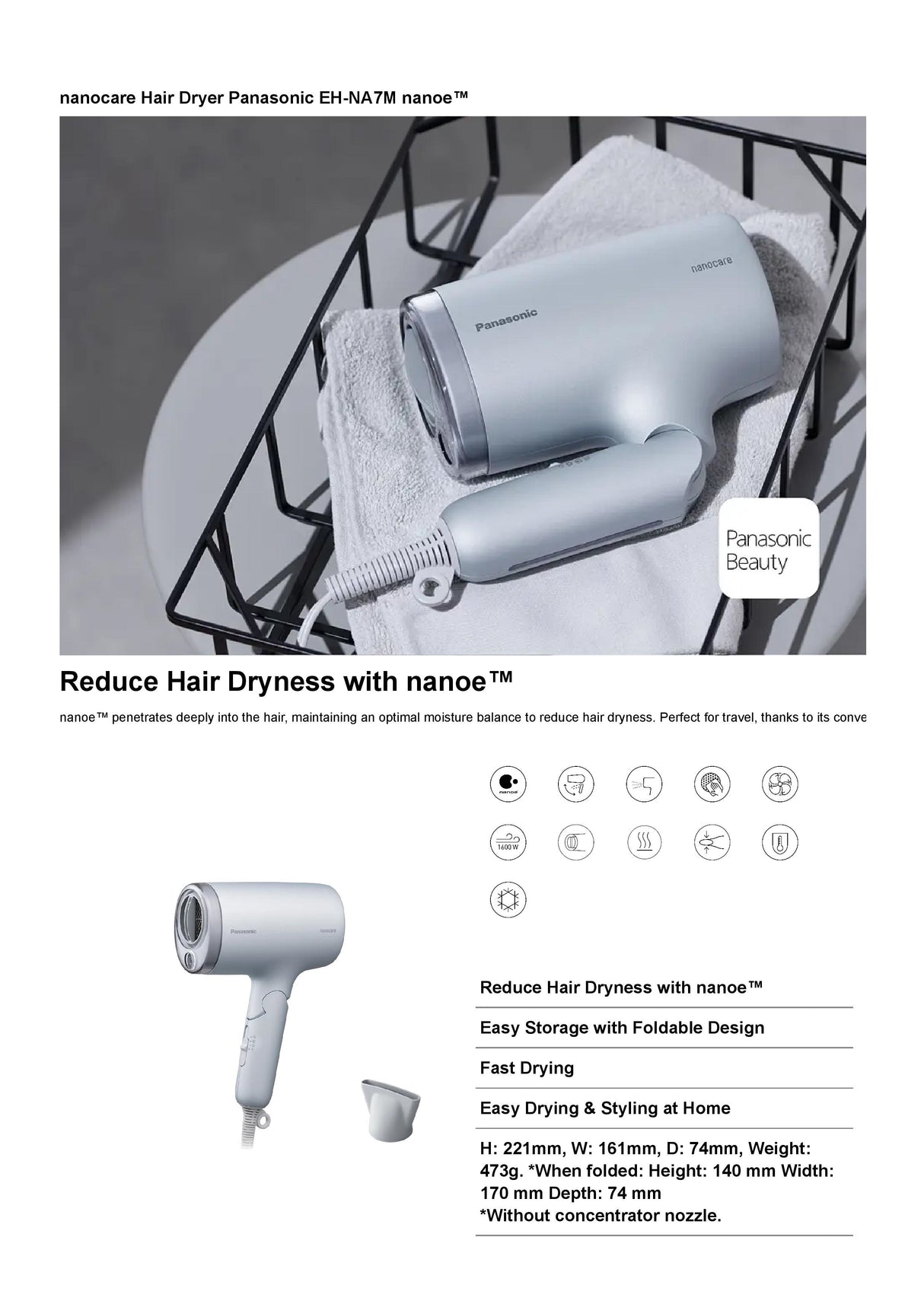 Panasonic EH-NA7M Nanocare Hair Dryer 1600W