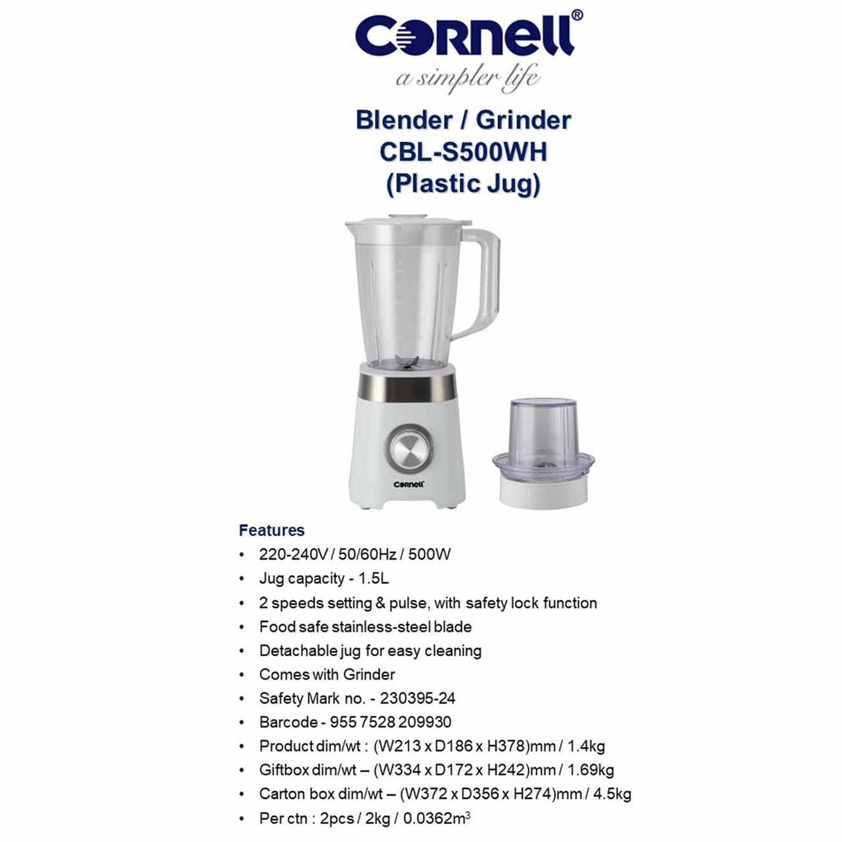 Cornell CBL-S500WH | CBLS500WH Blender/Grinder Plastic Jug 1.5L