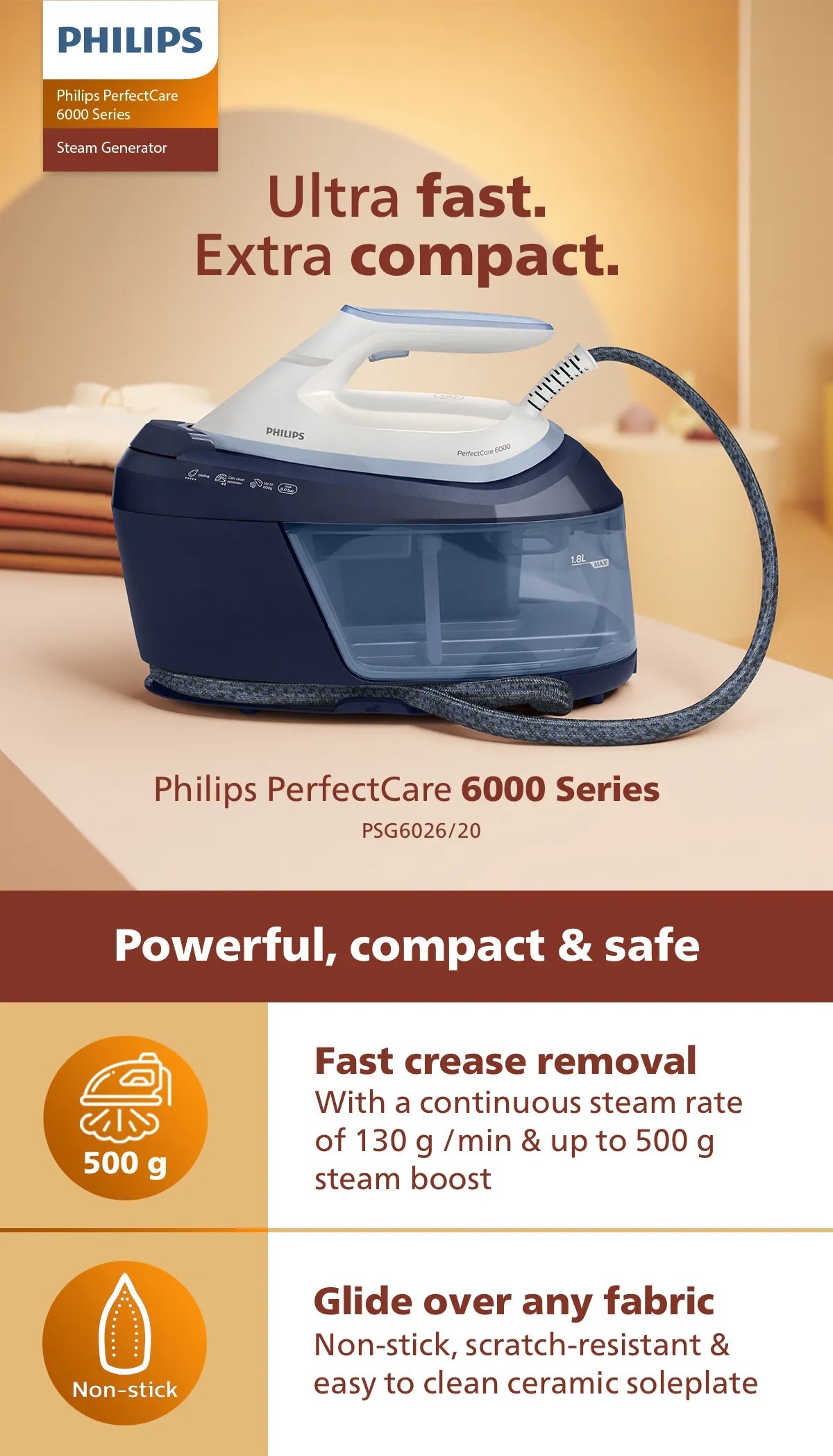 Philips PSG6026 | PSG6026/20 PerfectCare 6000 Series Steam Generator OptimalTEMP Technology