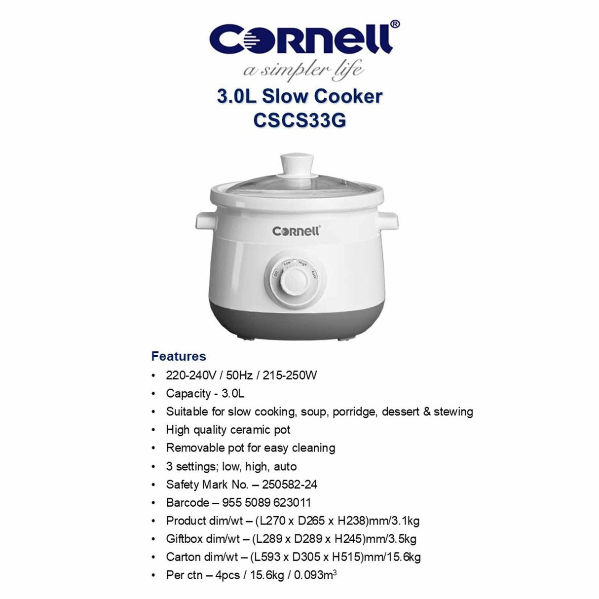 Cornell CSCS33G Slow Cooker with Ceramic Pot 3.0L