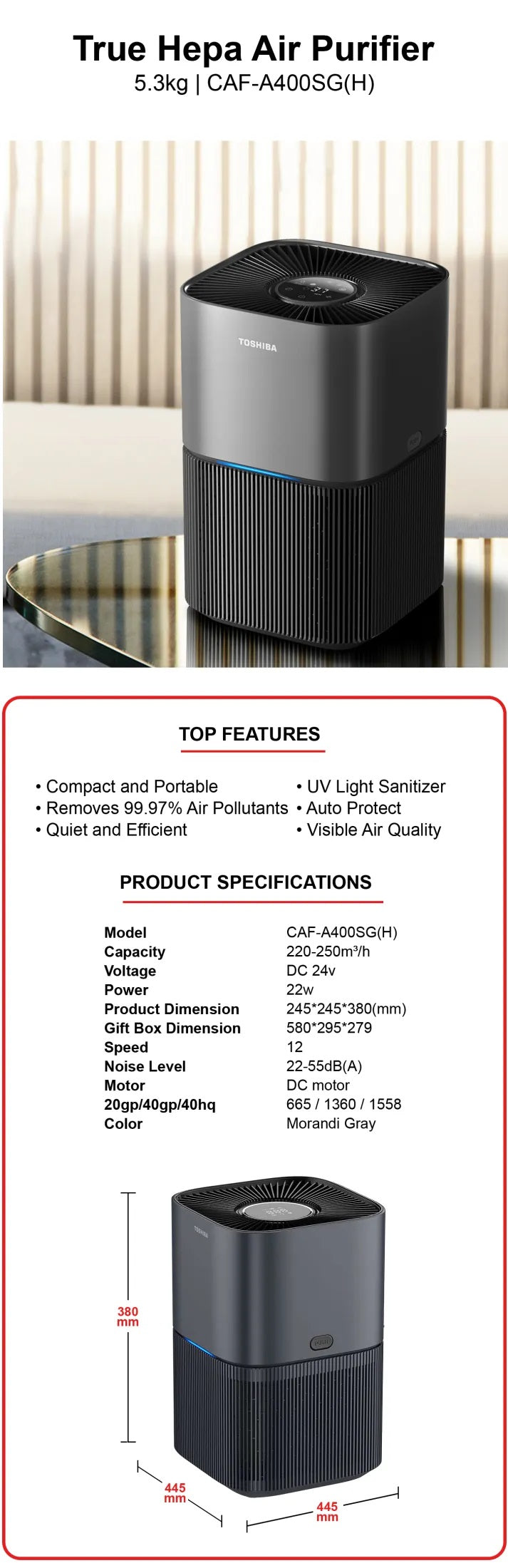 Toshiba CAF-A400SG(H) Air Purifier 22m²