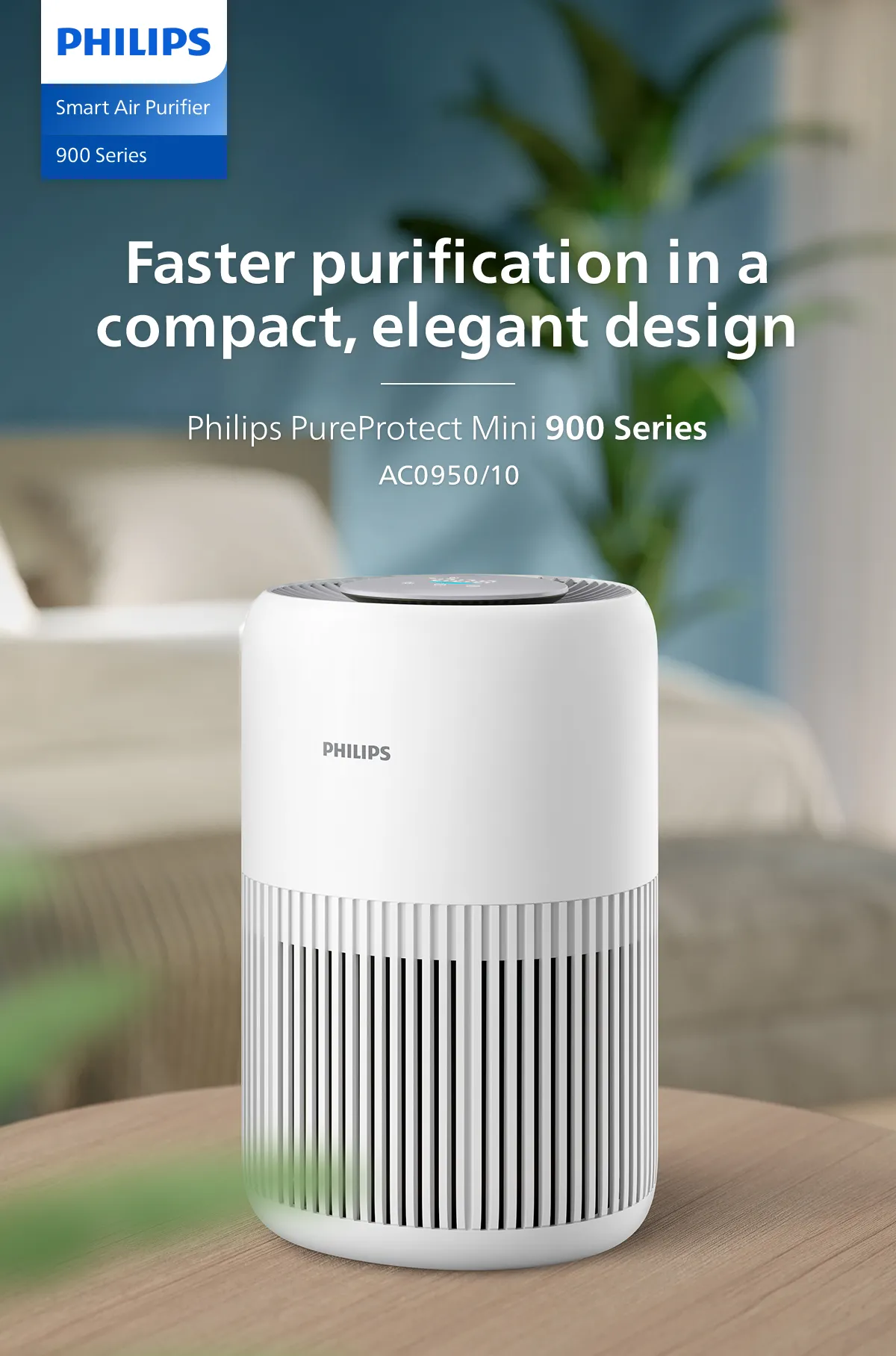 Philips AC0950/10 PureProtect Mini 900 Series Smart Air Purifier 250m³/h CADR, 65m² Coverage, Cleans up to 99.97% particles