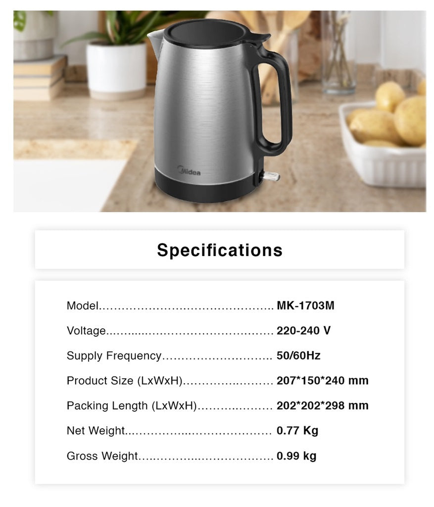 Midea MK-1703M | MK1703M Stainless Steel Fast Boiling Electric Kettle 1.7L