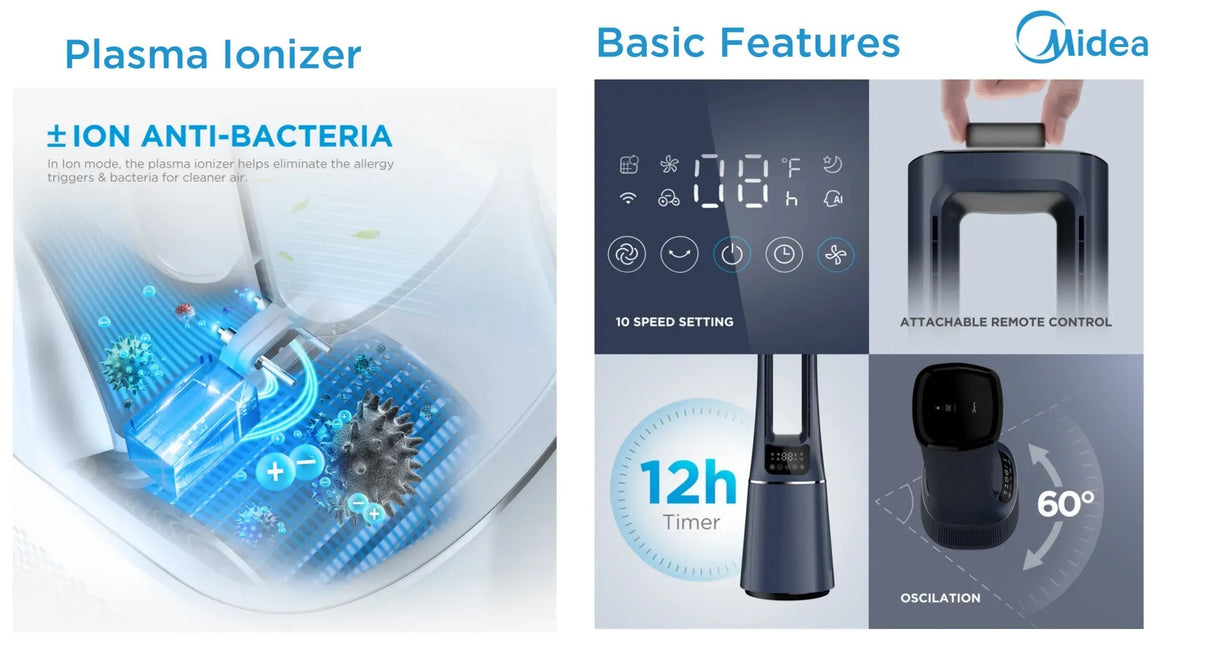 Midea MAM060CPAPWH | MAM060CPBPBH Remote DC Motor Bladeless Fan with Air Purifier - 2 Color Options