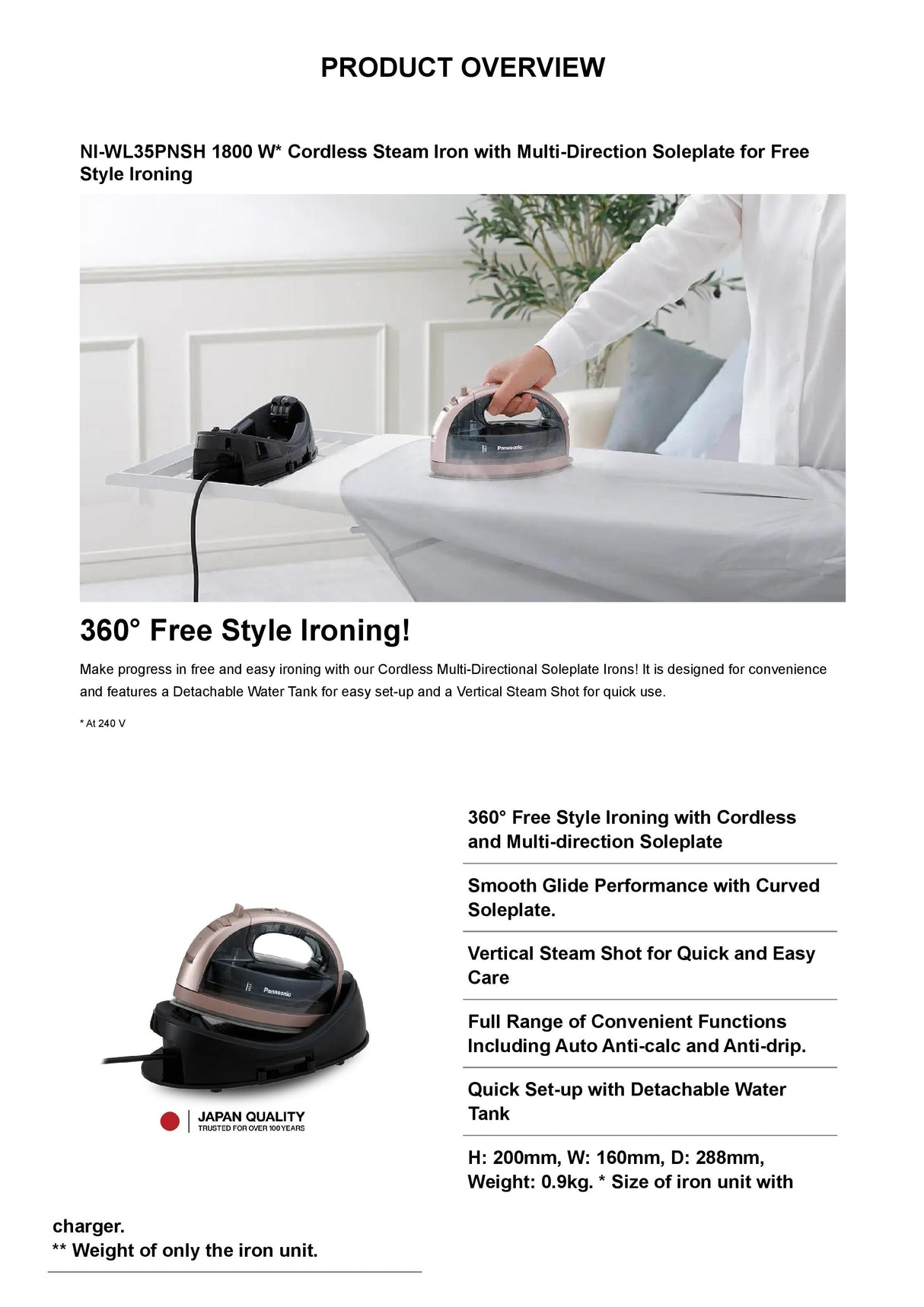 Panasonic NI-WL35PNSH Cordless Steam Iron 1800W (Pink Gold)