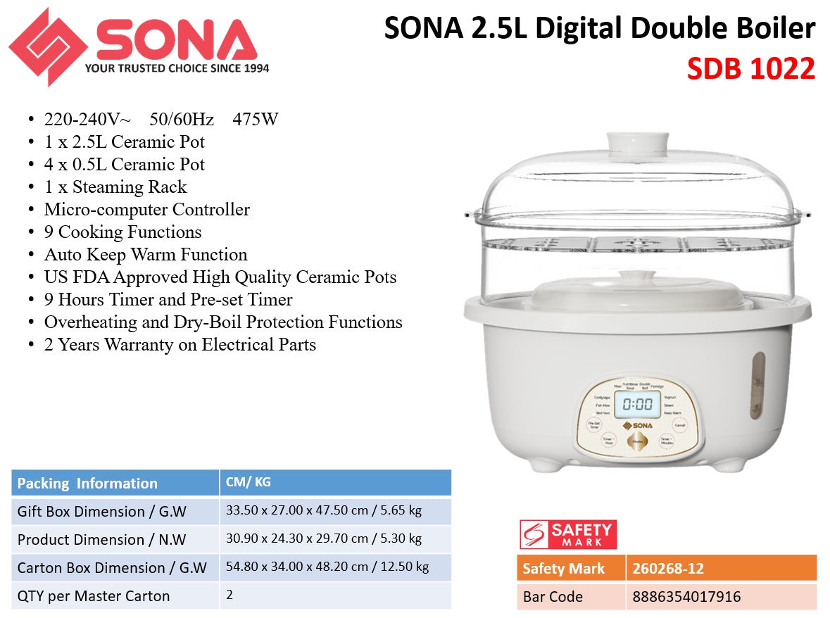 Sona SDB 1022 | SDB1022 Digital Double Boiler 2.5L
