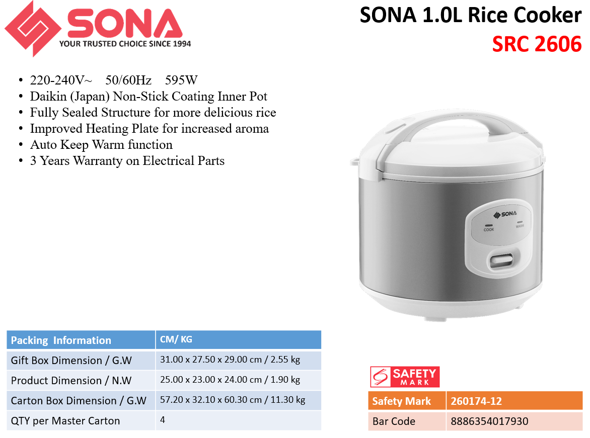 Sona SRC 2606 | SRC2606 Rice Cooker 1L