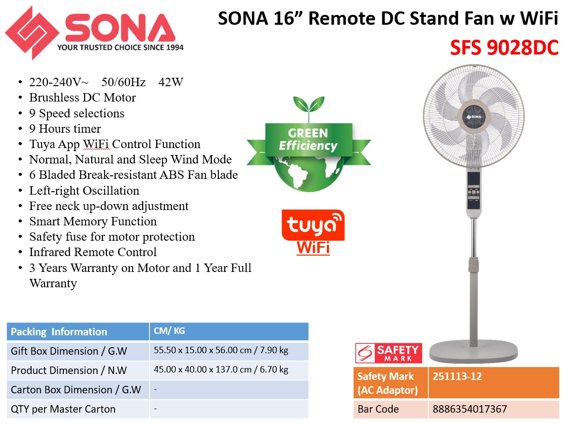 Sona SFS 9028DC | SFS9028DC Remote DC Stand Fan With WiFi 16 Inch