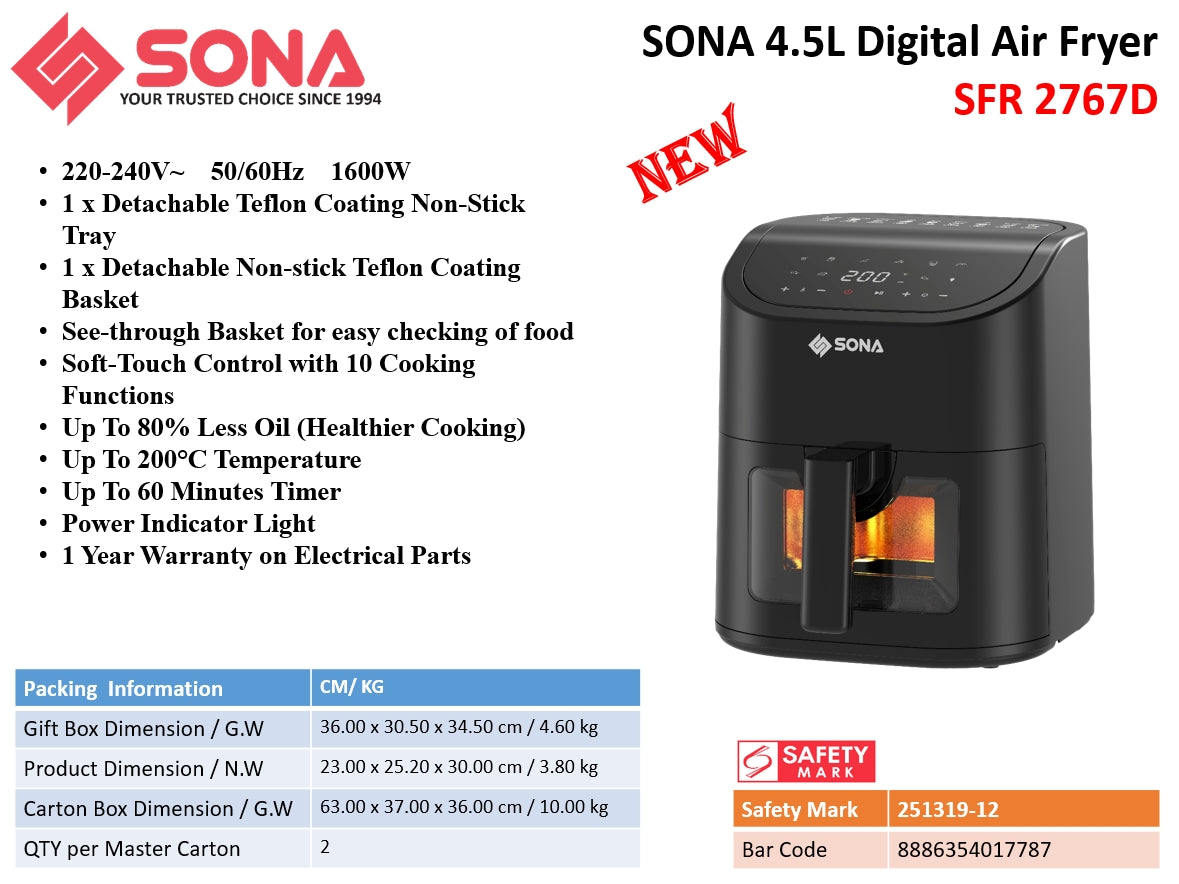 Sona SFR 2767D | SFR2767D Digital Air Fryer 4.5L