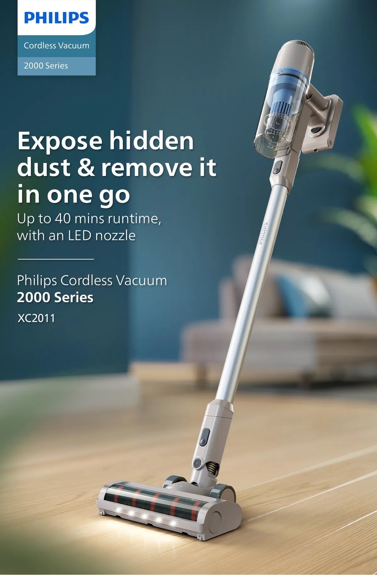 Philips XC2011/61 Cordless Vacuum 2000 Series Lightweight 1.5kg, LED Nozzle, 3 Layer Filtration