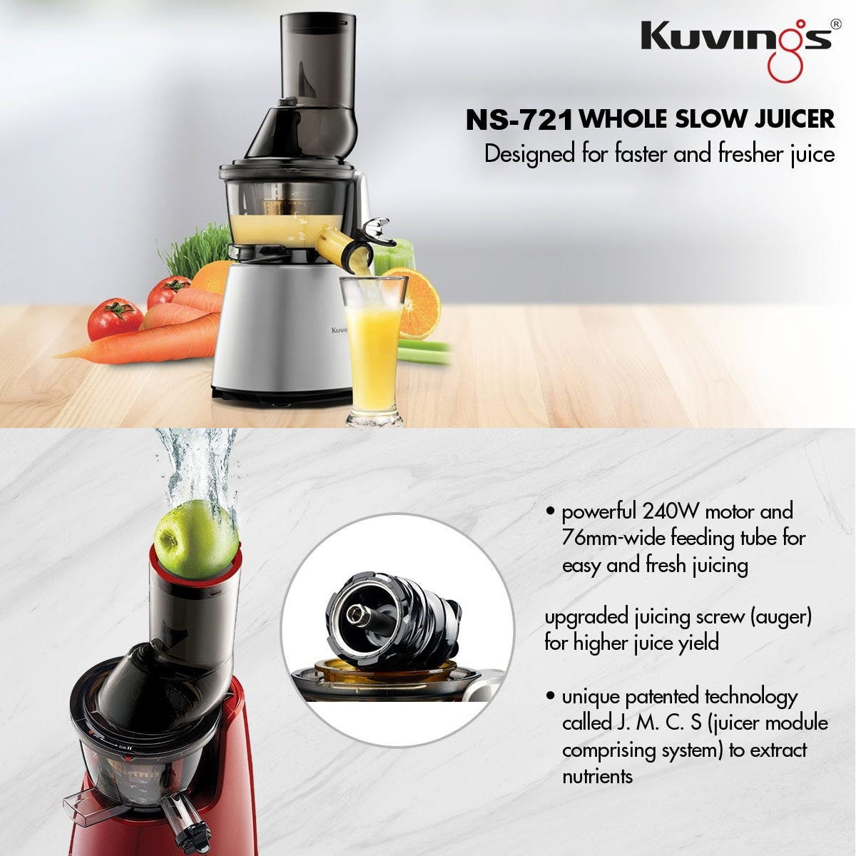 Kuvings NS-721| NS-721CBM2 WHOLE Slow Juicer - Made in Korea - 10 Years warranty on Motor
