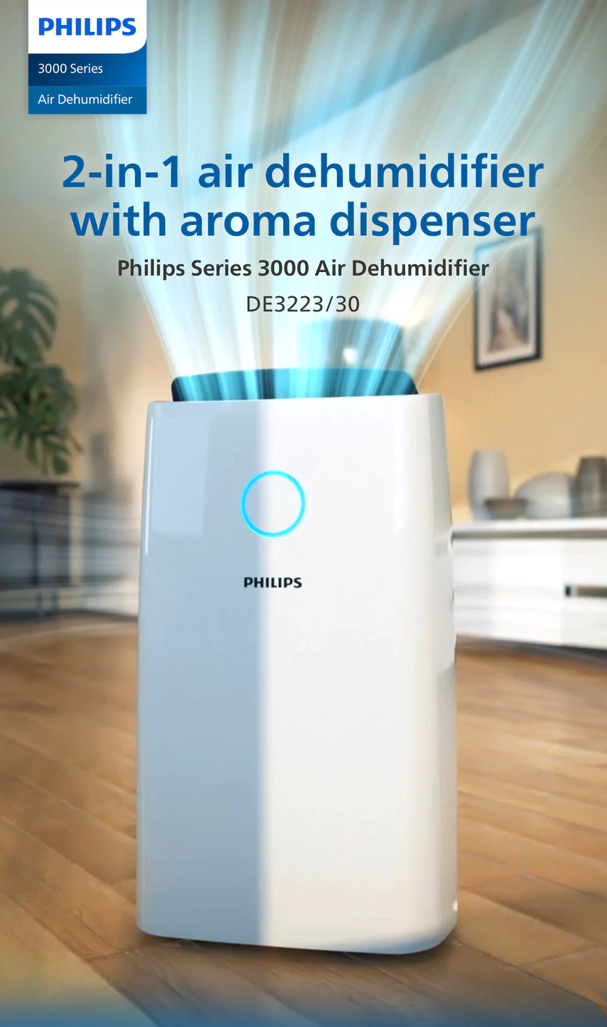 Philips DE3223/30 | DE3223 Series 3000 Air Dehumidifier with Aroma Dispenser - Dehumidify up to 30L per day