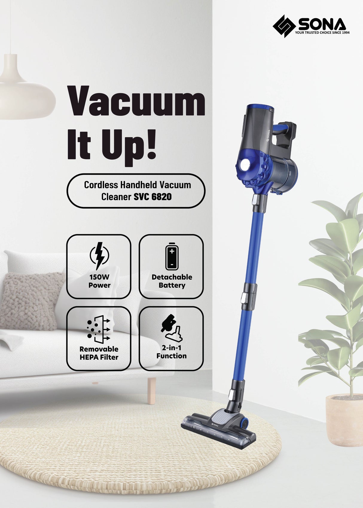 Sona SVC 6820 | SVC6820 Cordless Handheld Vacuum 150W