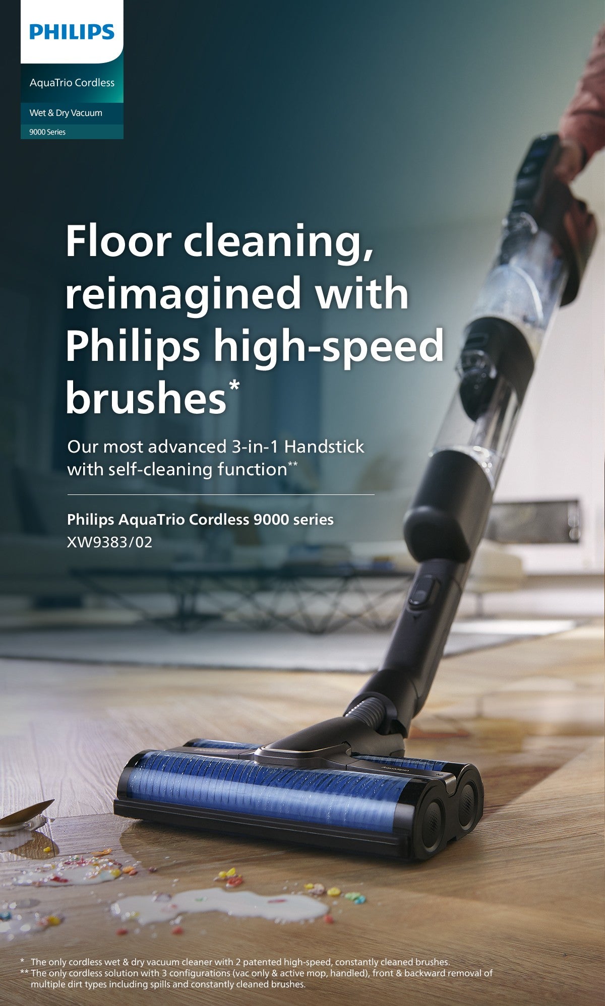 Philips XW9383/02 AquaTrio Cordless Wet & Dry 3-in-1 Vacuum & Wash 9000 Series, Self-cleaning dual power brushes