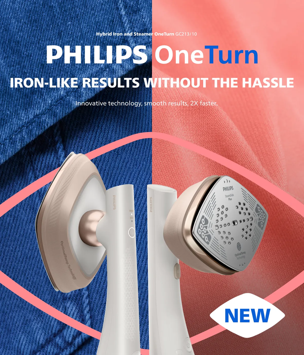 Philips GC213/10 OneTurn 2-in-1 Iron & Steamer | No board needed | Powerful, Compact, Lightweight | No burns guaranteed