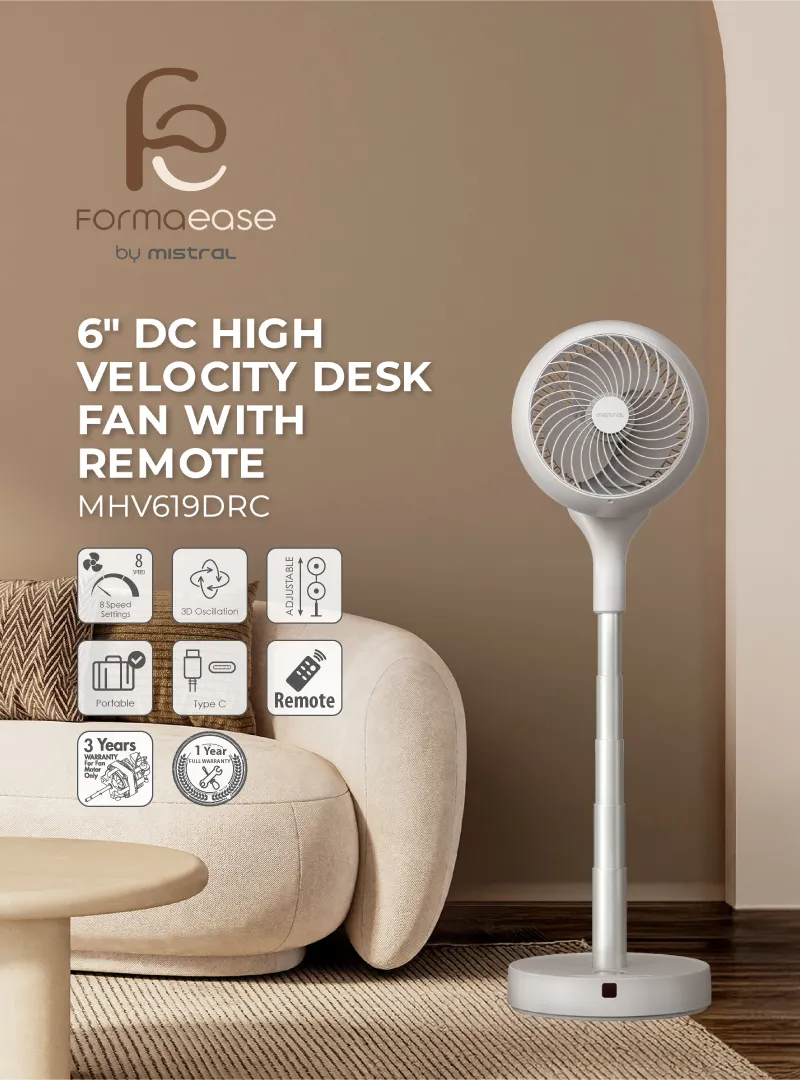 Mistral MHV619DRC DC High Velocity Desk Fan with Remote 6 Inch