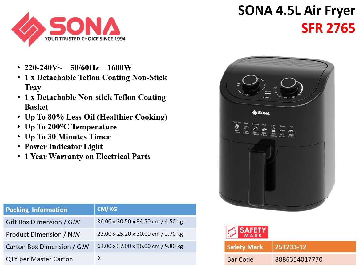 Sona SFR 2765 | SFR2765 Air Fryer 4.5L