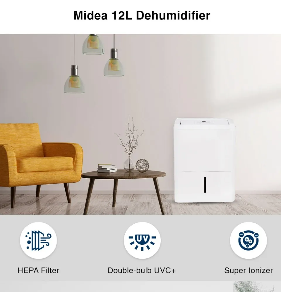 Midea MDDQ1-12DEN7 2 in 1 Dehumidifier + Air Purifier with H13 Hepa Filter and Double bulb UVC Removes up to 99.9% virus, 12L