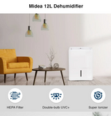 Midea MDDQ1-12DEN7 2 in 1 Dehumidifier + Air Purifier with H13 Hepa Filter and Double bulb UVC Removes up to 99.9% virus, 12L