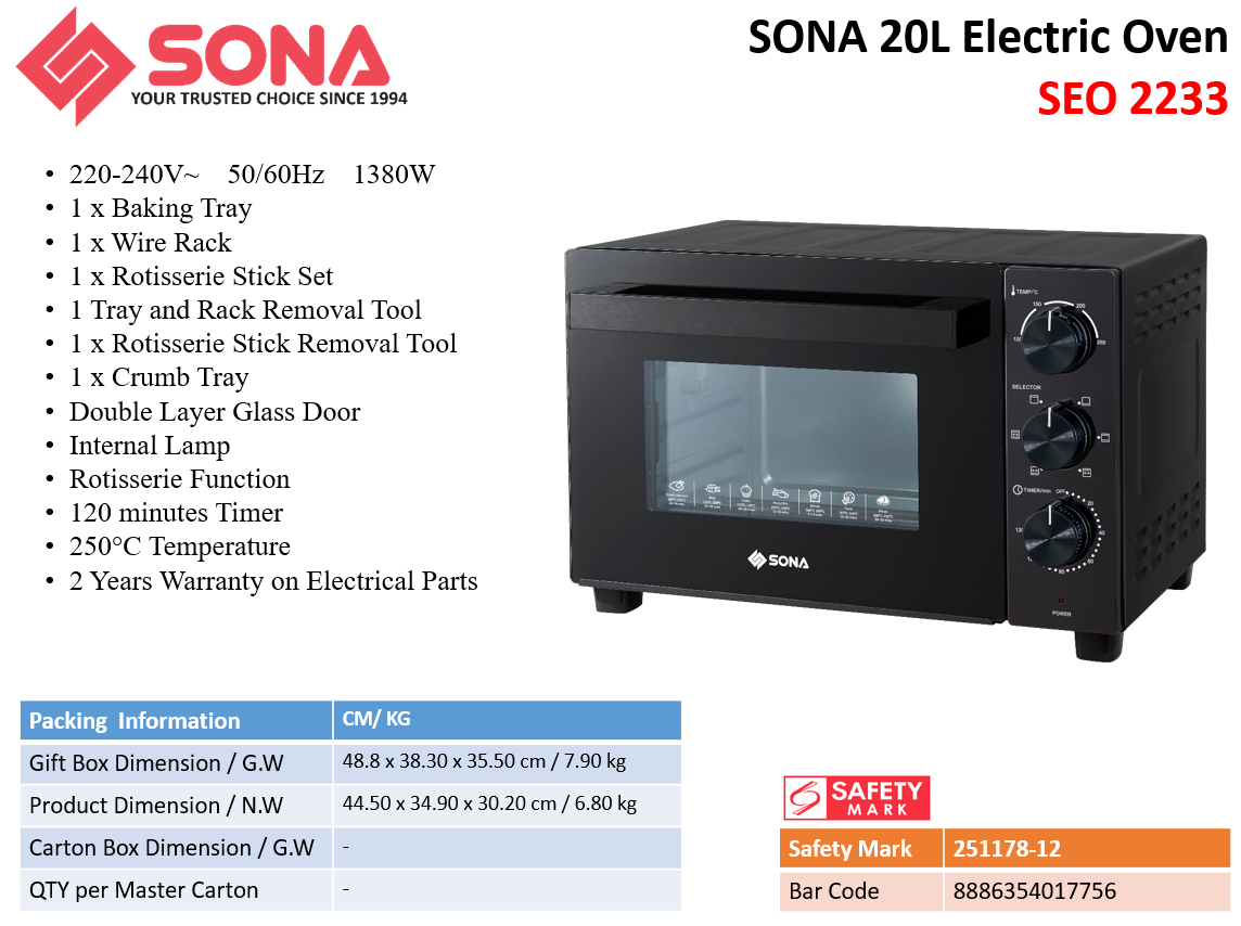 Sona SEO 2233 | SEO2233 Electric Oven 20L