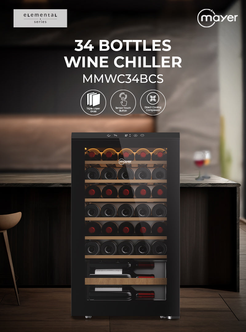 Mayer MMWC34BCS Wine Chiller Triple Glass with Anti-UV 34 Bottles