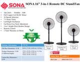 Sona SFS 1182DC | SFS1182DC 3 IN 1 Remote DC Stand Fan 16 Inch