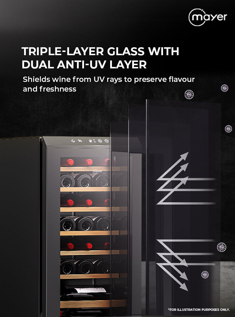 Mayer MMWC34BCS Wine Chiller Triple Glass with Anti-UV 34 Bottles