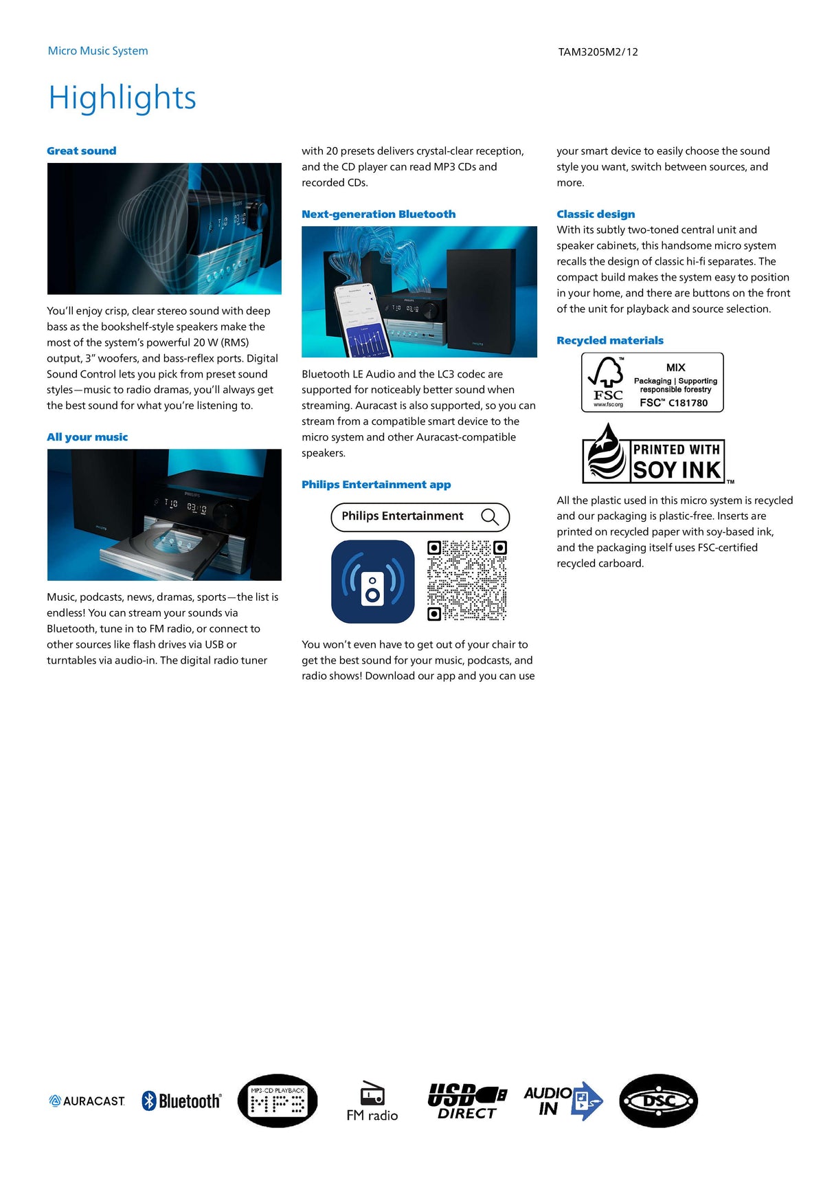 Philips TAM3205 | TAM3205M2/12 Micro Music System Bluetooth® CD, USB, FM, Audio In 20W