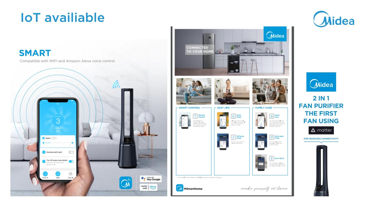 Midea MAM060CPAPWH | MAM060CPBPBH Remote DC Motor Bladeless Fan with Air Purifier - 2 Color Options