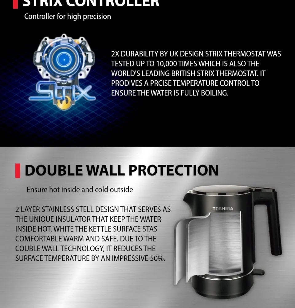 Toshiba KT-15DRRS Stainless Steel Double Wall Protection Fast Boiling Electric Jug Kettle 1.5L