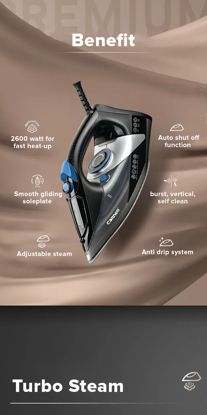 Cornell CIS-E26BK | CISE26BK Steam Iron with Auto Shut Off Function 2600W