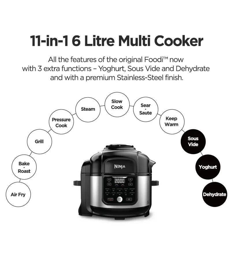 Ninja OP350 Foodi 11 in 1 Multi cooker in one pot, Pressure cooker, Bake, Roast, Dehydrate, Slow Cooker, Air Fryer, Grill, Sear/Saute, Steam, Sous Vide, Yogurt maker & More, with 6L Capacity and Recipe Book