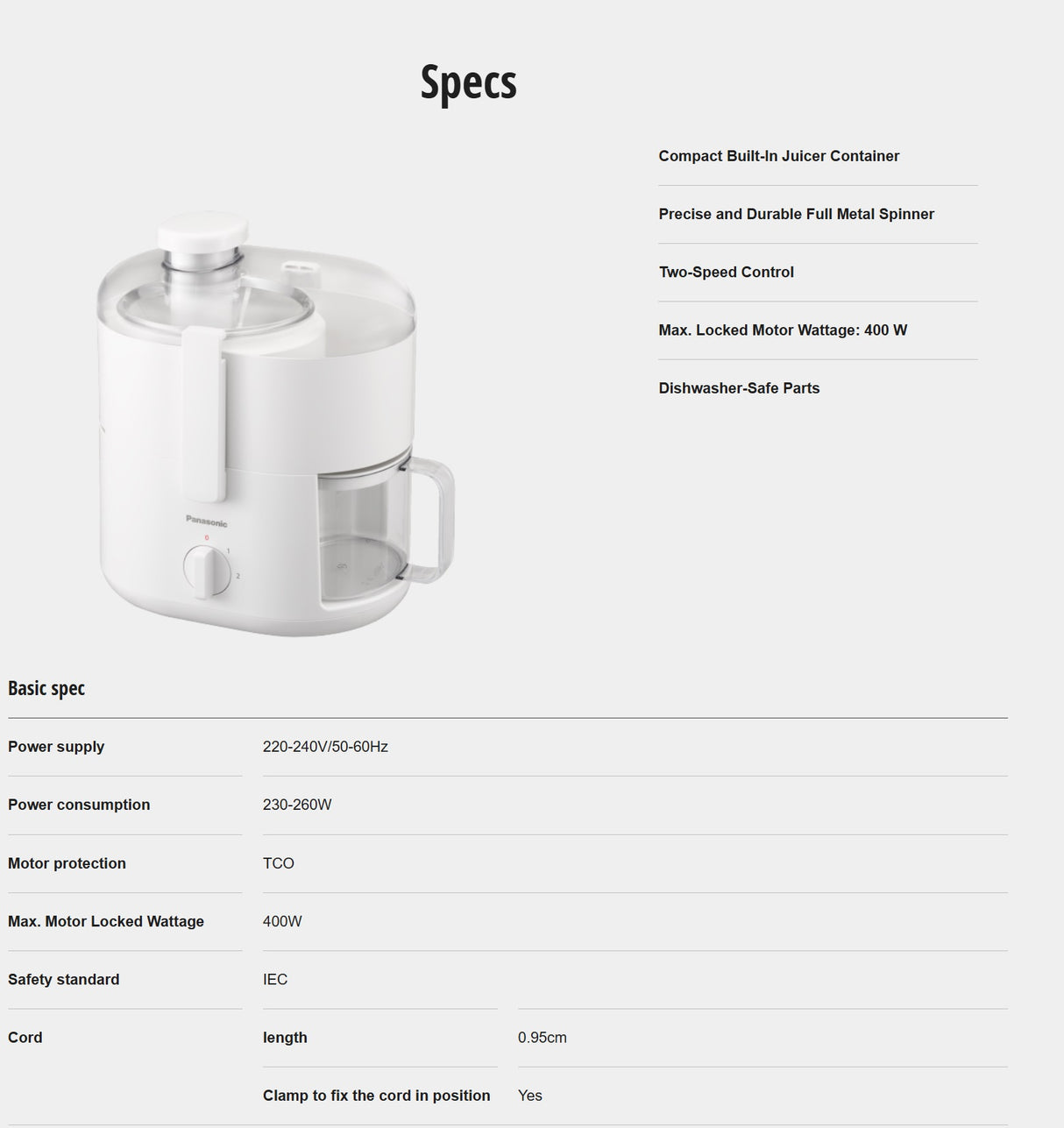 Panasonic MJ-CS100WSP Centrifugal Juicer 500ml