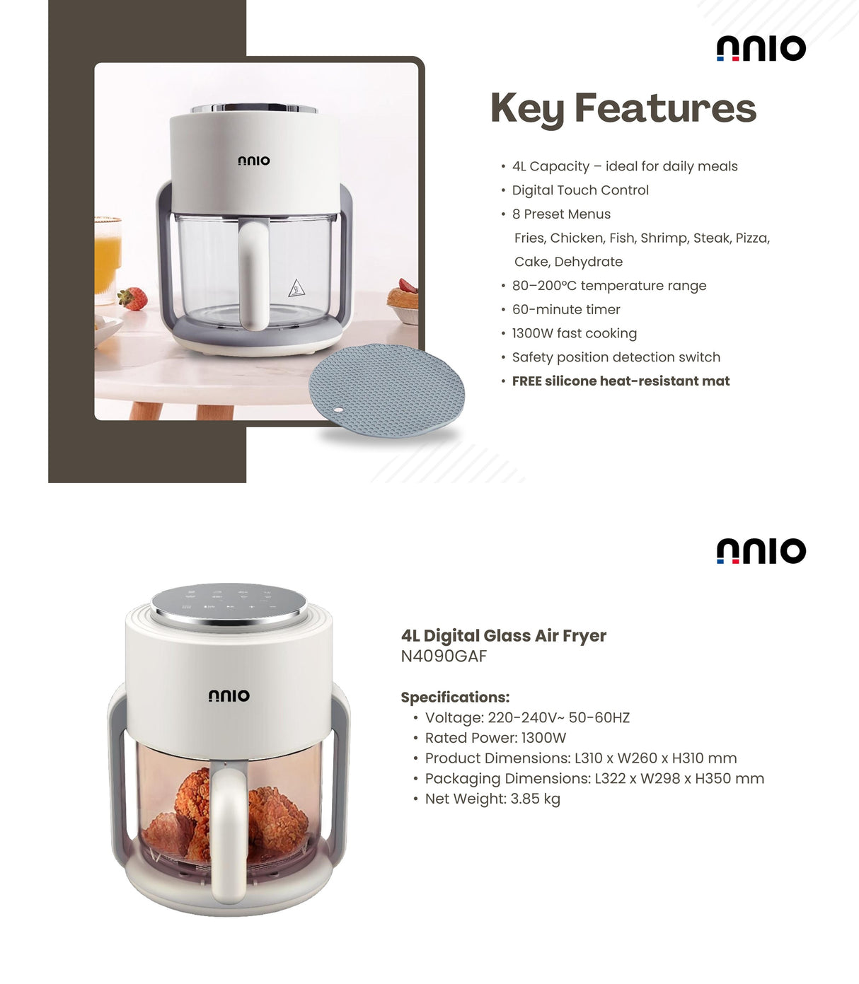 NNIO N4090GAF Digital Glass Air Fryer 4L