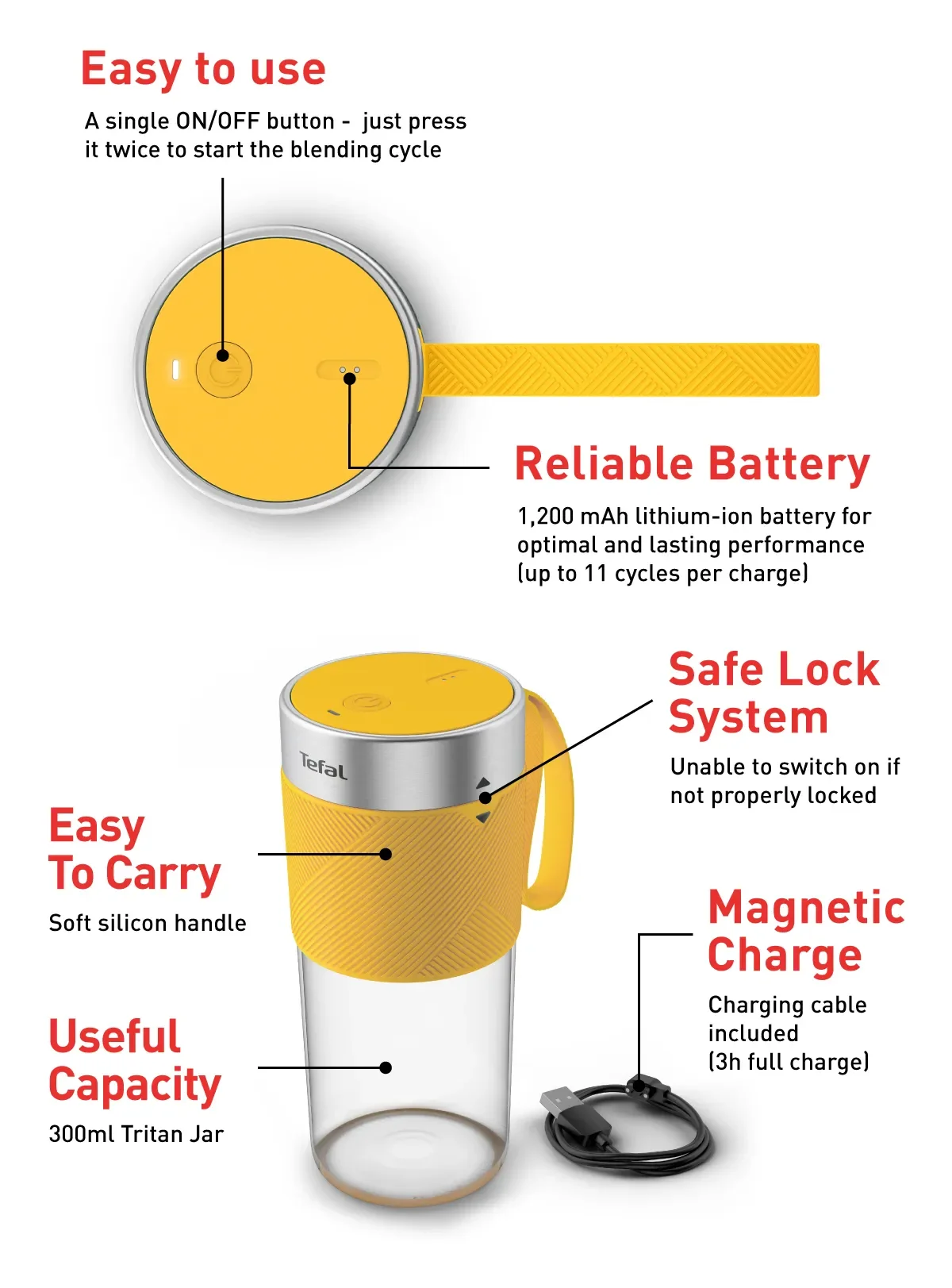 Tefal BL1C0230 LightMix on the Go Personal Blender - BPA-free 300ml Tritan Jar, 50W, Portable, Safety Lock, Dishwasher