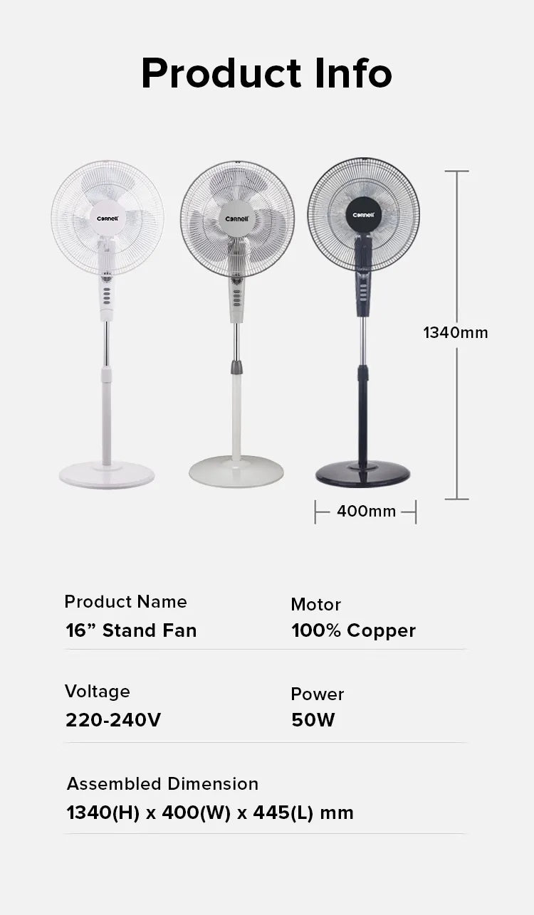 Cornell CFN-S40 | CFN-S40BK | CFN-S40GY | CFN-S40WH Stand Fan 16 Inch - 3 Color Options Available