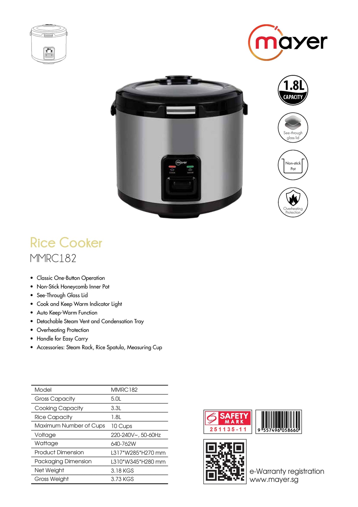 Mayer MMRC182 Rice Cooker 1.8L