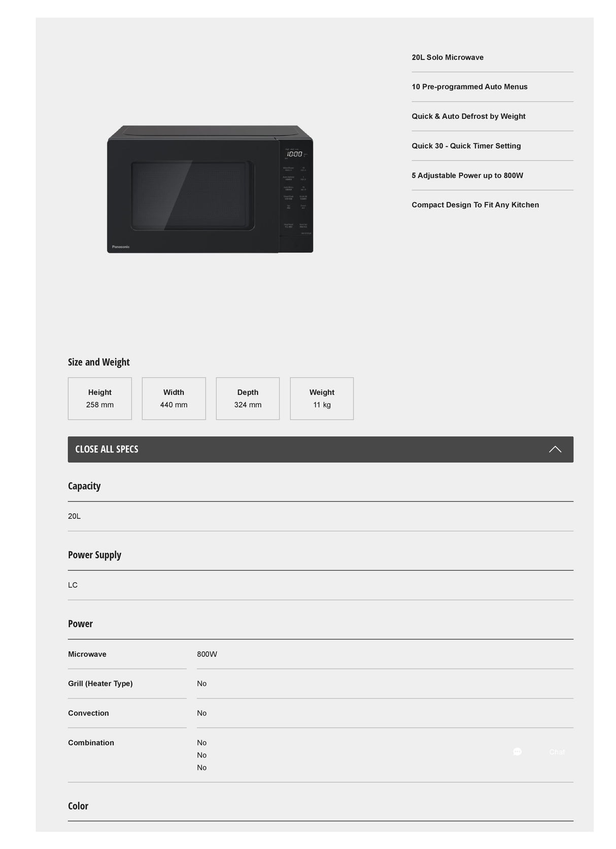 Panasonic NN-ST22QBYPQ Solo Microwave Oven with 10 Pre-Programmed Auto Menus 20L