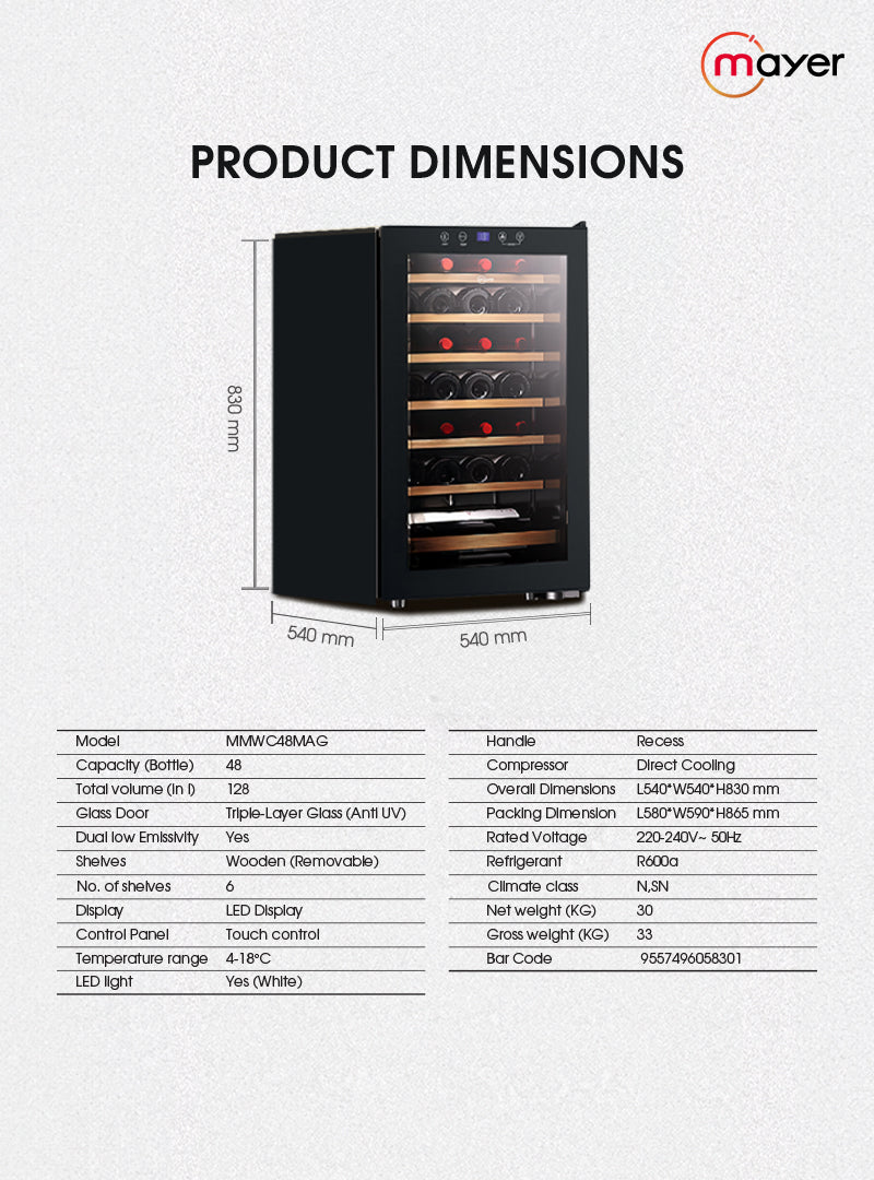 Mayer MMWC48MAG Wine Chiller Triple Glass with Anti-UV 48 Bottles
