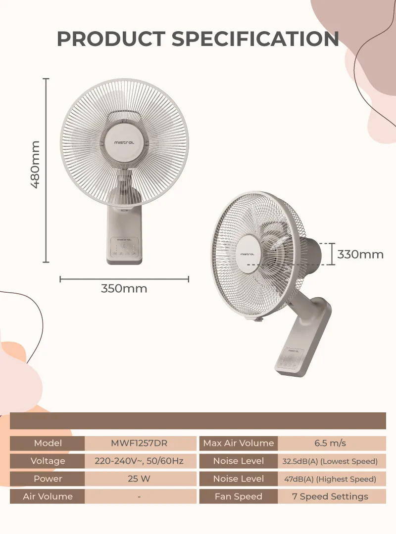 Mistral MWF1257DR DC High Velocity Detachable Wall Fan with Remote 12 Inch