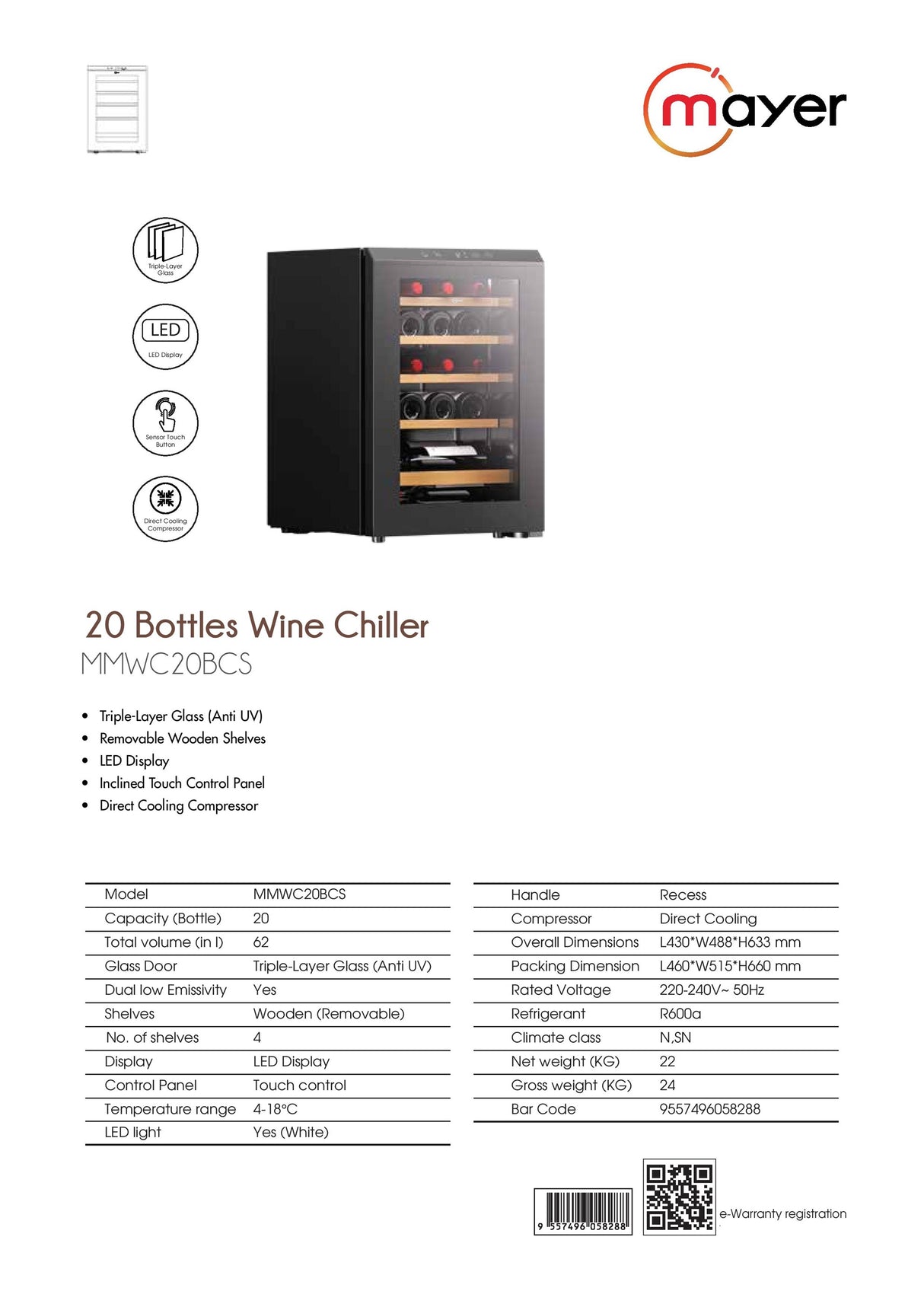 Mayer MMWC20BCS Wine Chiller Triple Glass with Anti-UV 20 Bottles