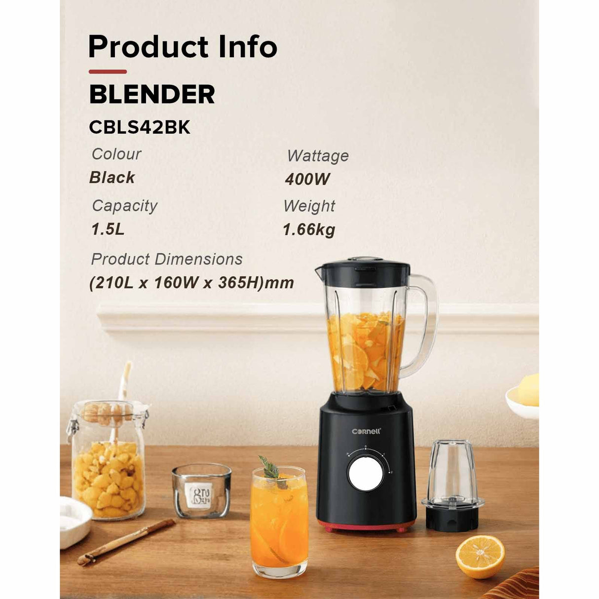 Cornell CBLS42BK Plastic Jug Blender/Grinder 1.5L