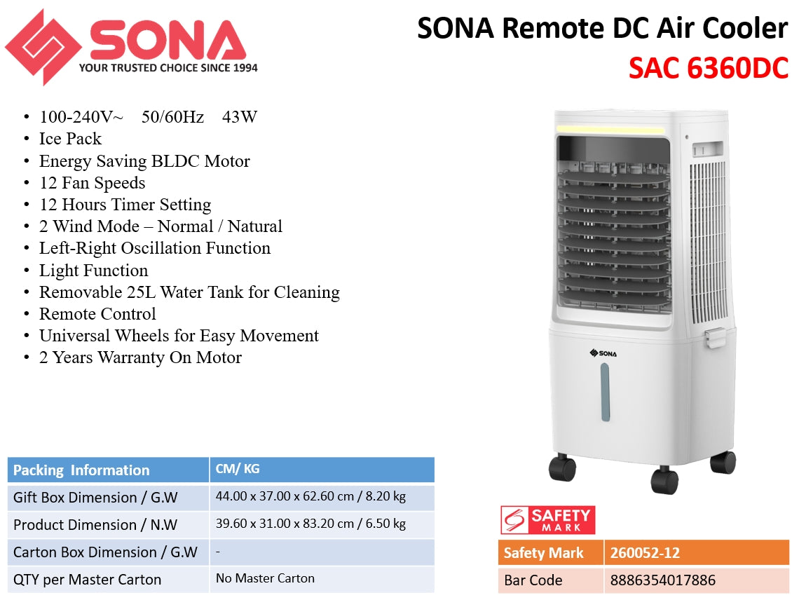 Sona SAC 6360DC | SAC6360DC Remote 2-in-1 DC Motor Fan With Air Cooler 25L