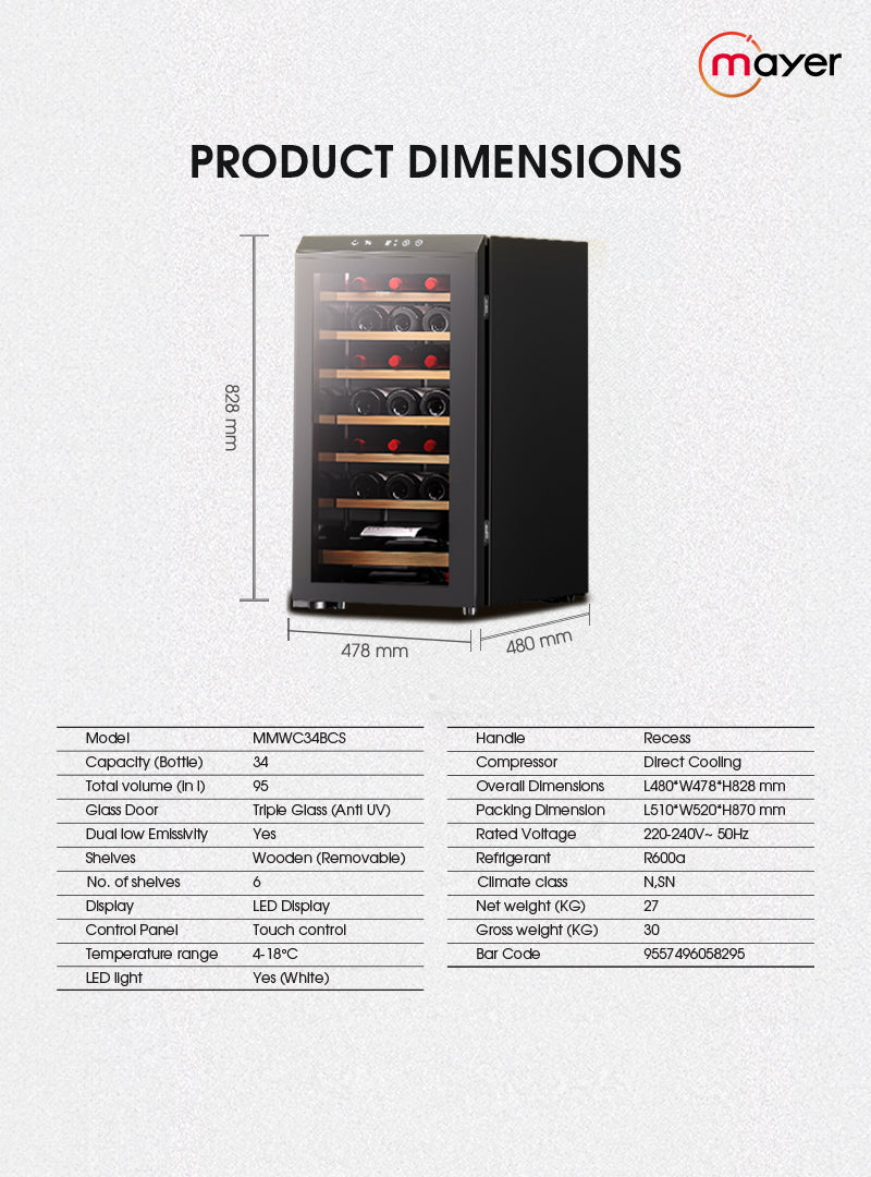 Mayer MMWC34BCS Wine Chiller Triple Glass with Anti-UV 34 Bottles