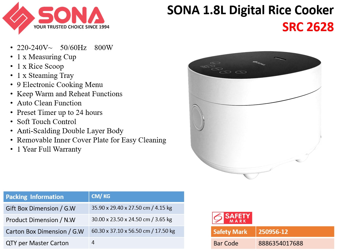 Sona SRC 2628 | SRC2628 Digital Rice Cooker 1.8L