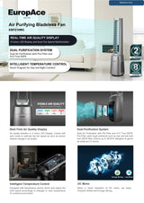 Europace EBFZ10GM Air Purifying Tower Bladess Fan, H13, 10 speed setting, 3 wind modes, 12H Timer, Remote Control, DC Motor, Real Time Air Quality Indicator