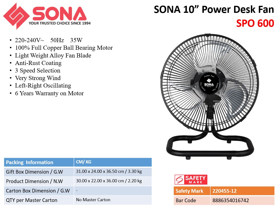 Sona SPO 600 | SPO600 Electric Power Desk Fan 10 Inch (Replace SOF 6050) App